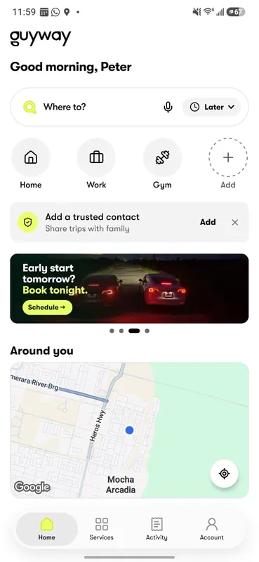 GuyWay rider app home screen with a destination search box, saved places such as Home and Work, and a map of the area around you
