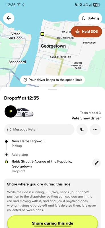 GuyWay app during a ride: the route on the map, a notice that the driver keeps to the speed limit, Safety and Hold SOS buttons, the driver and car, and the option to share your position during the ride
