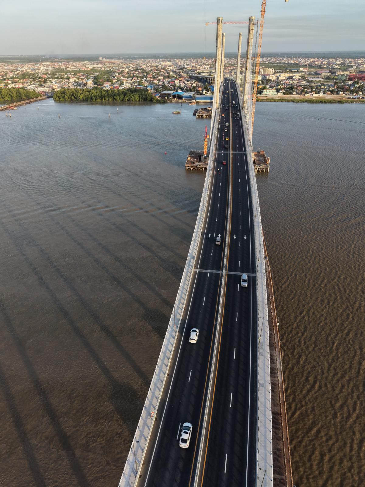 Aerial view of the Demerara Bridge at traffic hour, near the East Bank corridor where the Ramada Georgetown Princess sits