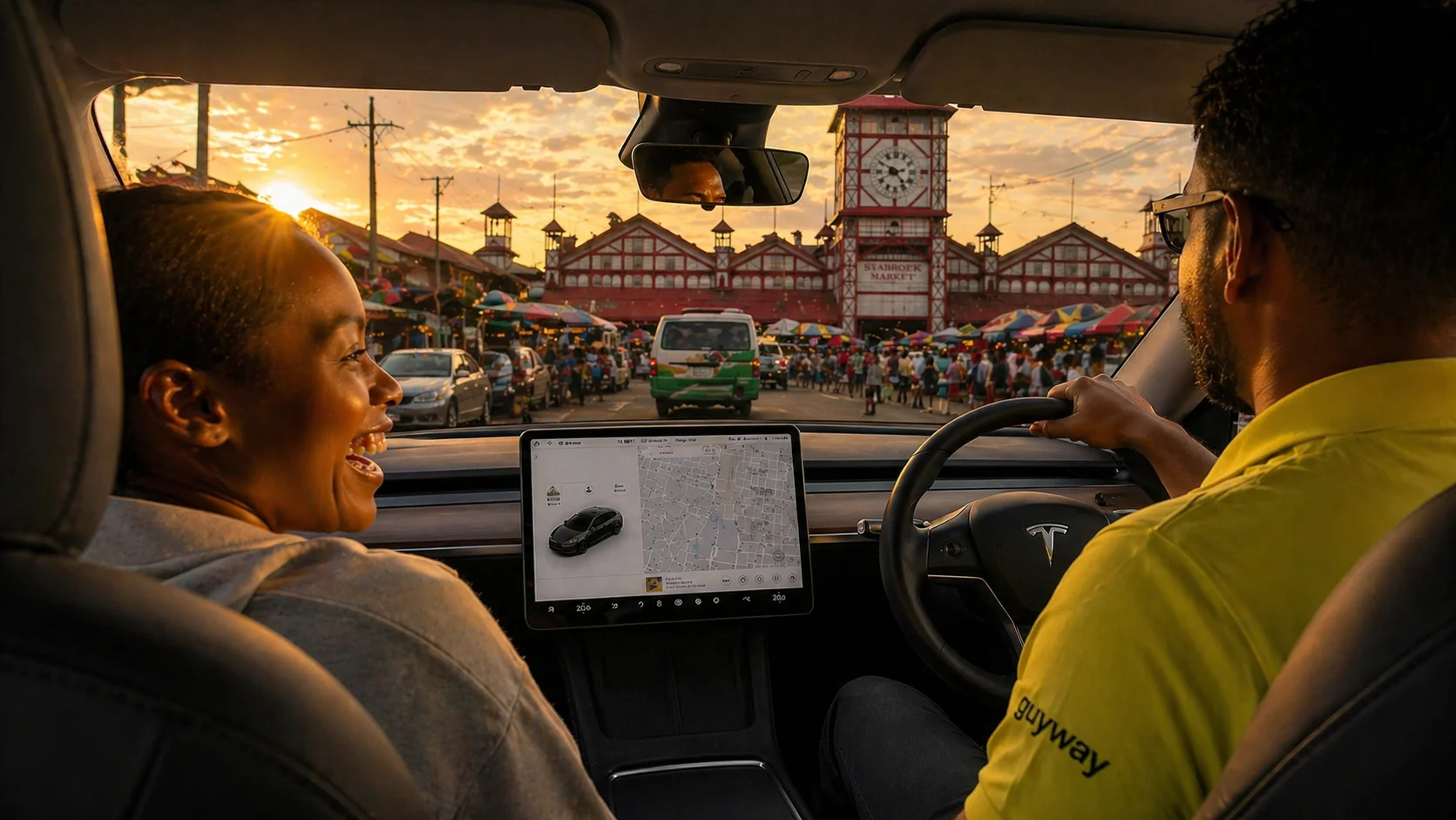 A relaxed passenger inside a GuyWay Tesla ride, with Stabroek Market clocktower visible through the windscreen