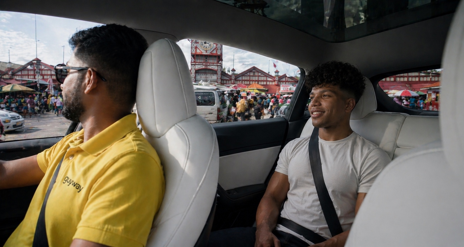 A GuyWay Tesla in downtown Georgetown near historic Bourda