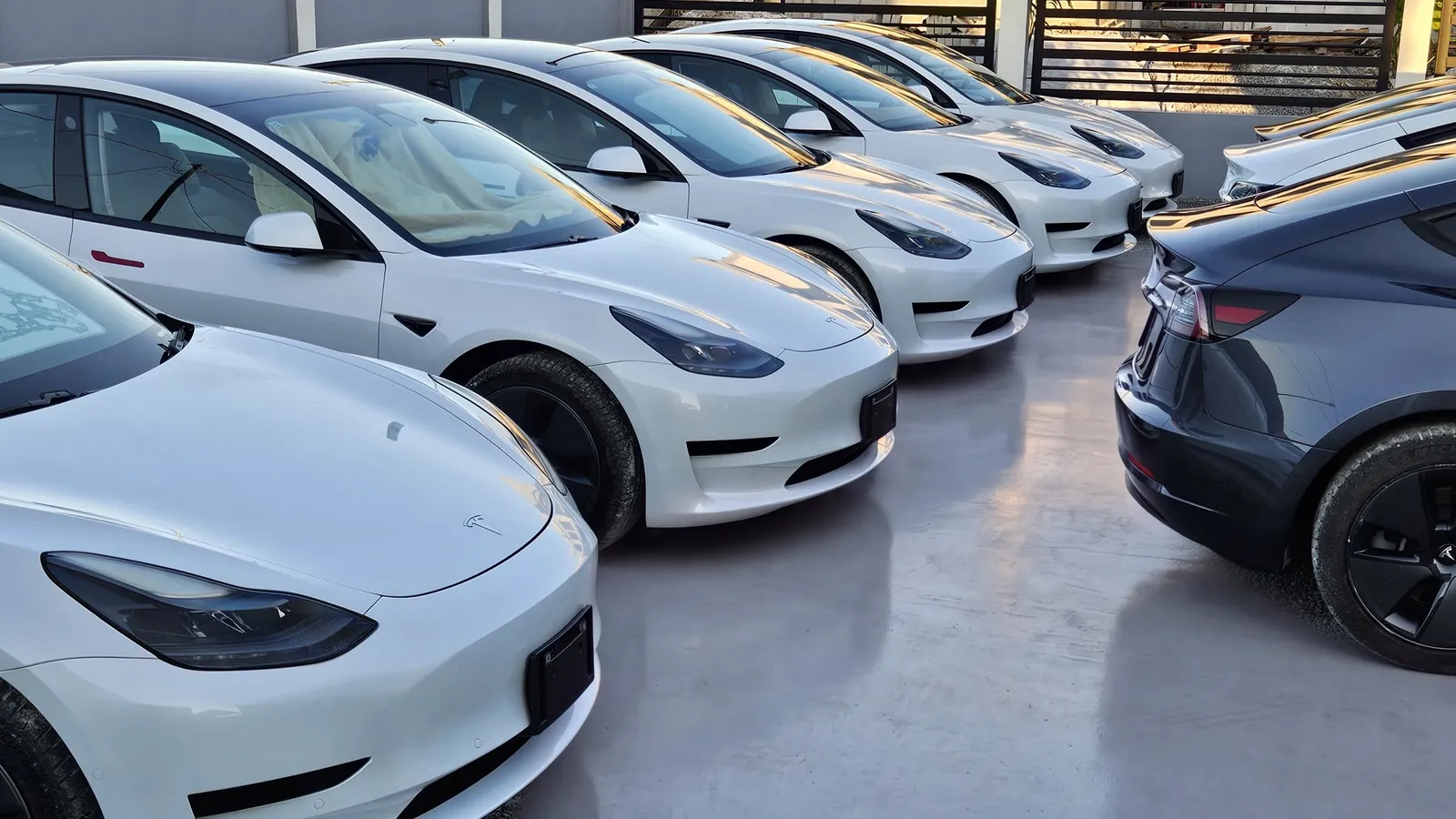 White and dark grey GuyWay Tesla Model 3 cars lined up at the GuyWay hub in Providence